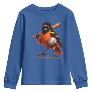 Oriole Baseball Player Youth Sweatshirt Retro Funny Bird Mascot Baseball Fans TS10 Royal Blue Print Your Wear