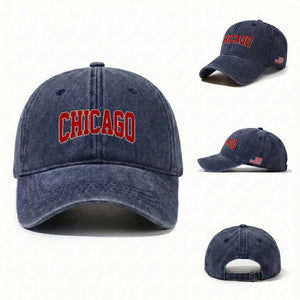 Retro Chicago Washed Cotton Baseball Cap Vintage Chicago Throwback Athletic Sports Style 80s 90s TS10 Washed Cap Universal Fit Navy Print Your Wear