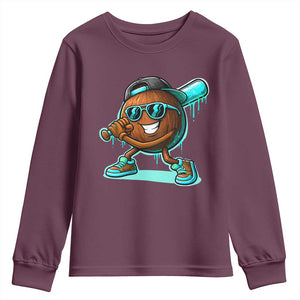 Coconut Baseball Player Youth Sweatshirt Funny Baseball Drip Ice Cream Fruit Humor TS10 Maroon Print Your Wear
