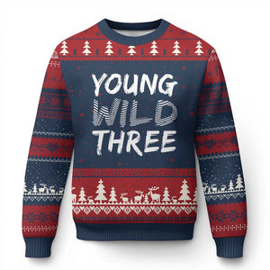 Toddler 3rd Birthday Ugly Christmas Sweater Young Wild And Three TS10 Navy Red Print Your Wear
