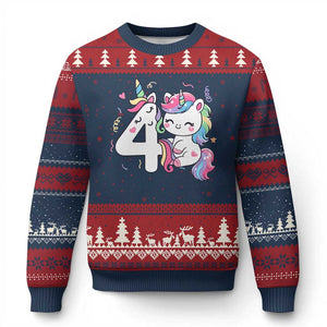 Unicorn 4th Birthday Ugly Christmas Sweater 4 Years Old Birthday Outfit TS10 Navy Red Print Your Wear