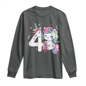 Unicorn 4th Birthday Long Sleeve Shirt 4 Years Old Birthday Outfit TS10 Dark Heather Print Your Wear