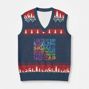 Funny Teacher V-Neck Knit Sweater Vest Listen Up Rizzlers Sigmas Show Work No Cap Tie-Dye TS10 Navy Red Print Your Wear