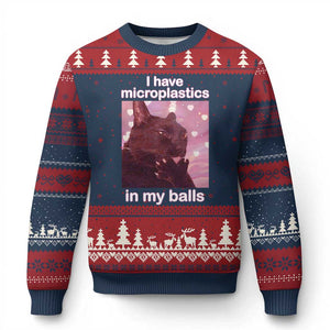 Funny Cat Meme Ugly Christmas Sweater I Have Microplastics In My Balls Dank Meme TS10 Navy Red Print Your Wear