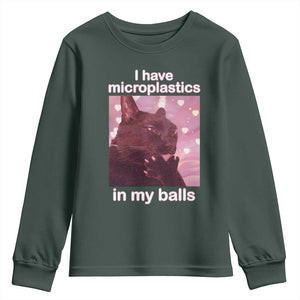 Funny Cat Meme Youth Sweatshirt I Have Microplastics In My Balls Dank Meme TS10 Dark Forest Green Print Your Wear