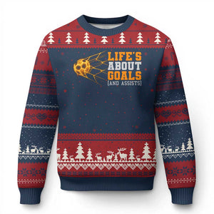 Funny Soccer Ugly Christmas Sweater Life Is About Goals And Assists Youth Soccer TS10 Navy Red Print Your Wear