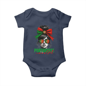 Portuguese Girl Baby Onesie Messy Bun Portugal Flag Roots Heritage Pride Gift TS10 Navy Print Your Wear