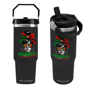 Portuguese Girl Flip Straw Tumbler Messy Bun Portugal Flag Roots Heritage Pride Gift TS10 One Size: 30 oz Black Print Your Wear