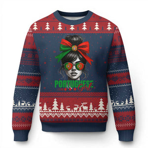 Portuguese Girl Ugly Christmas Sweater Messy Bun Portugal Flag Roots Heritage Pride Gift TS10 Navy Red Print Your Wear