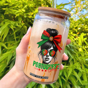 Portuguese Girl Glass Can Messy Bun Portugal Flag Roots Heritage Pride Gift TS10 Black Print Your Wear