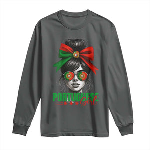 Portuguese Girl Long Sleeve Shirt Messy Bun Portugal Flag Roots Heritage Pride Gift TS10 Dark Heather Print Your Wear