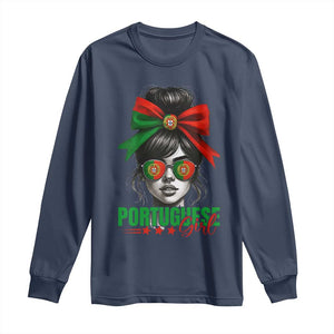 Portuguese Girl Long Sleeve Shirt Messy Bun Portugal Flag Roots Heritage Pride Gift TS10 Navy Print Your Wear