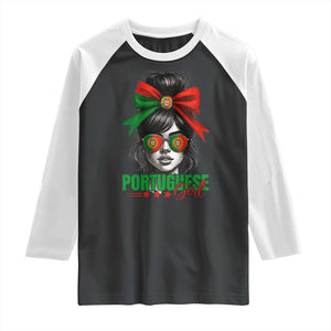Portuguese Girl Raglan Shirt Messy Bun Portugal Flag Roots Heritage Pride Gift TS10 Black White Print Your Wear