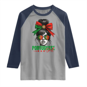 Portuguese Girl Raglan Shirt Messy Bun Portugal Flag Roots Heritage Pride Gift TS10 Sport Gray Navy Print Your Wear