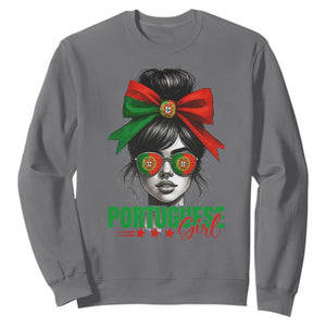 Portuguese Girl Sweatshirt Messy Bun Portugal Flag Roots Heritage Pride Gift TS10 Charcoal Print Your Wear