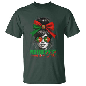 Portuguese Girl T Shirt Messy Bun Portugal Flag Roots Heritage Pride Gift TS10 Dark Forest Green Print Your Wear