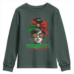 Portuguese Girl Youth Sweatshirt Messy Bun Portugal Flag Roots Heritage Pride Gift TS10 Dark Forest Green Print Your Wear