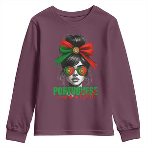 Portuguese Girl Youth Sweatshirt Messy Bun Portugal Flag Roots Heritage Pride Gift TS10 Maroon Print Your Wear