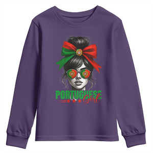 Portuguese Girl Youth Sweatshirt Messy Bun Portugal Flag Roots Heritage Pride Gift TS10 Purple Print Your Wear