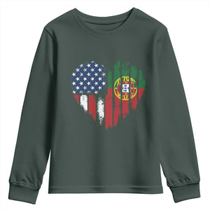 Half Portuguese American Flag Youth Sweatshirt Portugal Roots USA Flag Immigrant Gifts TS10 Dark Forest Green Print Your Wear