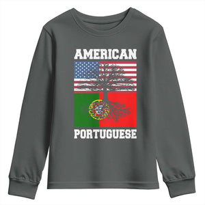 American Grown Portuguese Roots Youth Sweatshirt Distressed Tree Portugal USA Flag TS10 Dark Heather Print Your Wear
