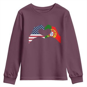 Portuguese American Flag Youth Sweatshirt Vintage Portugal USA Flag Heart TS10 Maroon Print Your Wear