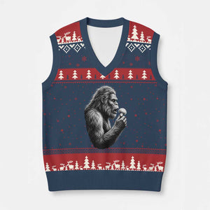 Bigfoot Mushroom V-Neck Knit Sweater Vest Vintage Sasquatch Art Mystical Nature Lover Retro