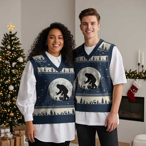 Bigfoot Mushroom Hunter V-Neck Knit Sweater Vest Vintage Sasquatch Art Mystical Nature Lover Retro Full Moon