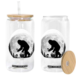 Bigfoot Mushroom Hunter Glass Can Vintage Sasquatch Art Mystical Nature Lover Retro Full Moon