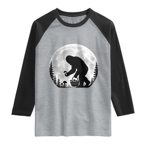 Bigfoot Mushroom Hunter Raglan Shirt Vintage Sasquatch Art Mystical Nature Lover Retro Full Moon