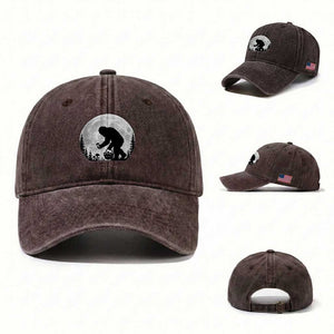 Bigfoot Mushroom Hunter Washed Cotton Baseball Cap Vintage Sasquatch Art Mystical Nature Lover Retro Full Moon