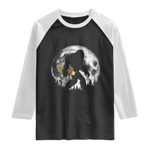 Bigfoot with Morel Mushroom Raglan Shirt Sasquatch Fungi Full Moon Silhouette Graphic