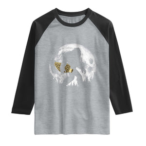 Bigfoot with Morel Mushroom Raglan Shirt Sasquatch Fungi Full Moon Silhouette Graphic