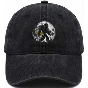 Bigfoot with Morel Mushroom Washed Cotton Baseball Cap Sasquatch Fungi Full Moon Silhouette Graphic