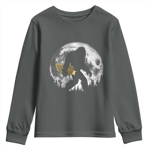 Bigfoot with Morel Mushroom Youth Sweatshirt Sasquatch Fungi Full Moon Silhouette Graphic