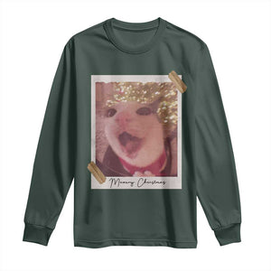 Meowy Christmas Long Sleeve Shirt Funny Cat Lovers Xmas Vintage Photo TS10 Dark Forest Green Print Your Wear