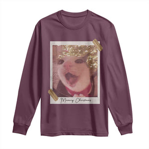 Meowy Christmas Long Sleeve Shirt Funny Cat Lovers Xmas Vintage Photo TS10 Maroon Print Your Wear