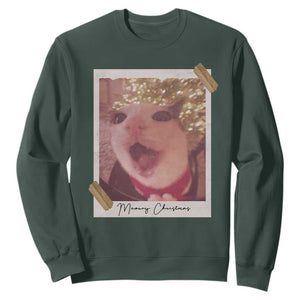 Meowy Christmas Sweatshirt Funny Cat Lovers Xmas Vintage Photo TS10 Dark Forest Green Print Your Wear