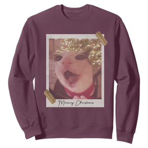 Meowy Christmas Sweatshirt Funny Cat Lovers Xmas Vintage Photo TS10 Maroon Print Your Wear