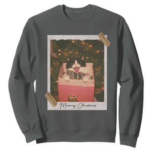 Meowy Christmas Sweatshirt Cute Cat Lovers Xmas Retro Vintage Photo TS10 Dark Heather Print Your Wear