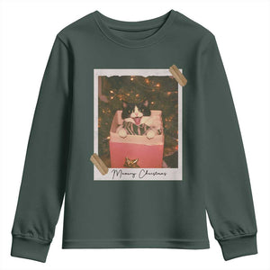 Meowy Christmas Youth Sweatshirt Cute Cat Lovers Xmas Retro Vintage Photo TS10 Dark Forest Green Print Your Wear