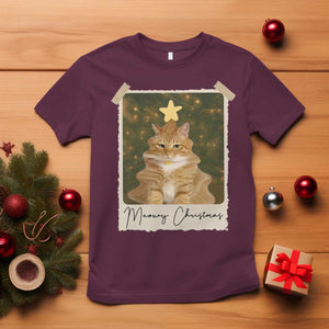 Meowy Christmas T Shirt Funny Cat Xmas Tree Retro Vintage Photo TS10 Maroon Print Your Wear