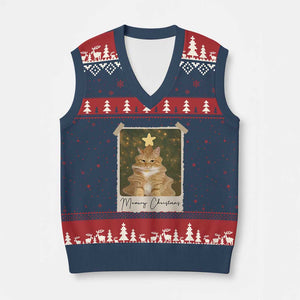Meowy Xmas V-Neck Knit Sweater Vest Funny Cat Xmas Tree Retro Vintage Photo TS10 Navy Red Print Your Wear