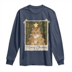 Meowy Christmas Long Sleeve Shirt Funny Cat Xmas Tree Retro Vintage Photo TS10 Navy Print Your Wear