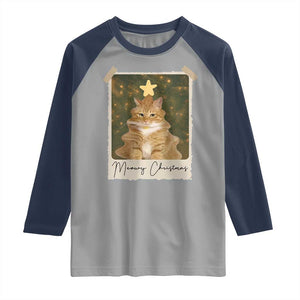 Meowy Christmas Raglan Shirt Funny Cat Xmas Tree Retro Vintage Photo TS10 Sport Gray Navy Print Your Wear