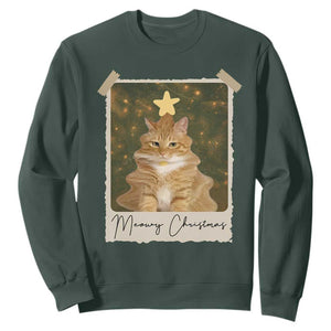 Meowy Christmas Sweatshirt Funny Cat Xmas Tree Retro Vintage Photo TS10 Dark Forest Green Print Your Wear