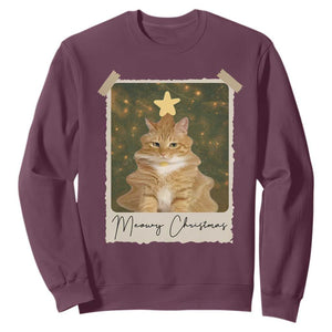 Meowy Christmas Sweatshirt Funny Cat Xmas Tree Retro Vintage Photo TS10 Maroon Print Your Wear