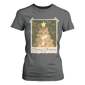 Meowy Christmas T Shirt For Women Funny Cat Xmas Tree Retro Vintage Photo - Print Your Wear