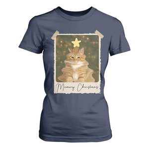 Meowy Christmas T Shirt For Women Funny Cat Xmas Tree Retro Vintage Photo TS10 Navy Print Your Wear
