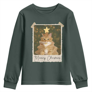 Meowy Christmas Youth Sweatshirt Funny Cat Xmas Tree Retro Vintage Photo TS10 Dark Forest Green Print Your Wear